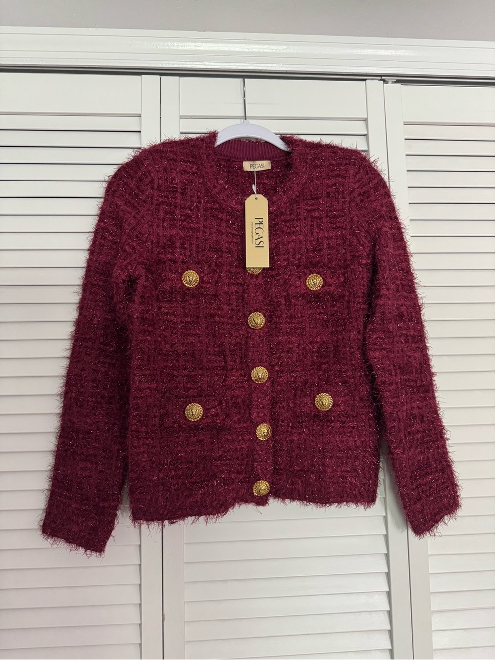 Burgundy Knit Double-Breasted Cardigan Jacket Gold Buttons Work Wear Sz S